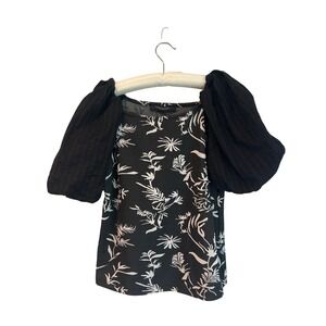 Marc New York Andrew Marc Bohemian Black White Floral Puff Sleeve Knit Top Women